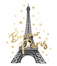 Bonjour Paris illustration with gold glitter stars and Eiffel Tower. France symbol on white background