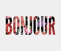 Bonjour slogan. Perfect for pin, card, t-shirt design, poster, sticker, print. Vector illustration Royalty Free Stock Photo