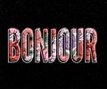 Bonjour slogan. Perfect for pin, card, t-shirt design, poster, sticker, print. Vector illustration Royalty Free Stock Photo
