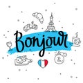 Bonjour. Word hello in French. Fashionable calligraphy.