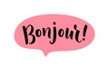 Bonjour word lettering. French hello text. Hand drawn bonjour quote. Brush calligraphy phrase. Vector illustration print