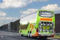 Bonn, Germany - 13 September 2020. Flixbus tourist coach driving on a highway in Germany, empty road.