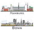 Bonn and Hamburg Germany City Skylines with Gray Buildings Isolated on White