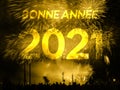 Bonne annee 2021 card on a fireworks background
