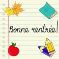 Bonne rentree calligraphic hand lettering in French back to school on ink notebook lined page colored pencils apple maple leaves