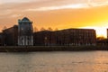 The Bonnefantenmuseum during a colorful sunrise on the Meuse river bank, designed by Italian architect Aldo Rossi