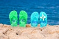 Bonnes vacances (meaning happy holiday) written on flip flops Royalty Free Stock Photo