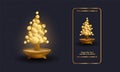 Bonsai Christmas tree and pot vector illustration. Abstract phone app interface design with small golden Christmas tree Royalty Free Stock Photo