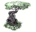 Bonsai is free. Curved trunk and aerial roots. Ink drawing. Royalty Free Stock Photo
