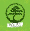 Bonsai Gardening Club Creative Vector Design Concept. Zen Tree Icon Illustration On Rough Background