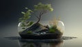 Bonsai in a glass jar on a black background. Generative AI