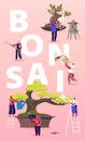 Bonsai Growing Concept. People Characters Enjoying Hobby Caring, Pruning and Trimming Bonsai Trees