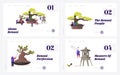 Bonsai Growing Landing Page Template Set. Tiny Characters Enjoying Hobby Caring, Pruning and Trimming Bonsai Trees