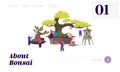 Bonsai Growing Landing Page Template. Tiny Characters Enjoying Hobby Caring, Pruning and Trimming Bonsai Trees