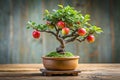 Miniature Perfection: Silhouette of a Bonsai Apple Tree with Ripe Apples - Generative AI Royalty Free Stock Photo