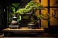 bonsai on pedestal under lantern light