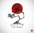 Bonsai pine tree and big red sun hand drawn with ink on white background. Traditional oriental ink painting sumi-e, u