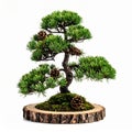 Bonsai Pine Tree with Green Needles and Pinecones on Wood Slab on White Royalty Free Stock Photo