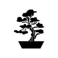 Bonsai silhouette, decorative tree in flower pot, japanese bonsai culture, plant cultivation icon