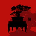 Bonsai tree, black silhouette of bonsai, Detailed image, Vector illustration, Royalty Free Stock Photo