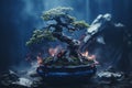 a bonsai tree in a blue pot on a rock