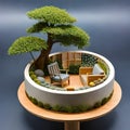 Bonsai tree with diorama style of garden theme