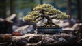 Crooked Japanese pine bonsai growing on stones. Royalty Free Stock Photo