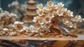 Bonsai tree made of wood and artificial flowers on a wooden table Royalty Free Stock Photo