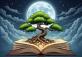 Bonsai tree on open book under moonlit sky Royalty Free Stock Photo