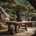 bonsai tree placed on a stone table