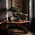 bonsai tree is placed on a wooden table in a room