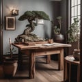 bonsai tree is placed on a wooden table in a room