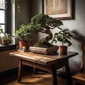 bonsai tree is placed on a wooden table in a room