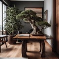 bonsai tree is placed on a wooden table in a room