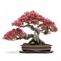 Bonsai tree on pot has slight red flowers, isolated white background Royalty Free Stock Photo