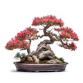 Bonsai tree on pot has slight red flowers, isolated white background Royalty Free Stock Photo