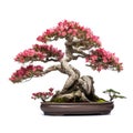 Bonsai tree on pot has slight red flowers, isolated white background