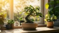 Bonsai tree in a pot on a window sill in the interior of the room Royalty Free Stock Photo