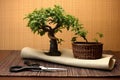 bonsai tree and pruning shears on a bamboo mat Royalty Free Stock Photo