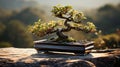 A bonsai tree in a rectangular pot. Generative AI. Royalty Free Stock Photo