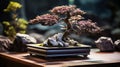 A bonsai tree in a rectangular pot. Generative AI. Royalty Free Stock Photo