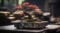 A bonsai tree in a rectangular pot. Generative AI. Royalty Free Stock Photo