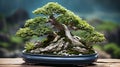 A bonsai tree in a rectangular pot. Generative AI. Royalty Free Stock Photo