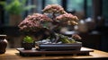 A bonsai tree in a rectangular pot. Generative AI. Royalty Free Stock Photo
