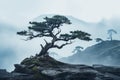 a bonsai tree on top of a mountain with fog in the background Royalty Free Stock Photo