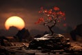 a bonsai tree on top of a rock in front of a sunset Royalty Free Stock Photo