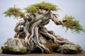 bonsai tree with twisted roots growing over an old rock Royalty Free Stock Photo