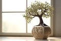 Bonsai tree in vase on window sill, closeup Royalty Free Stock Photo