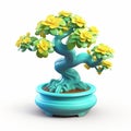 Bonsai Tree With Yellow Flowers In Blue Pot: Zbrush Style Energy-filled Illustrations