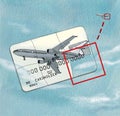 Bonus miles. Bank card with an airplane puzzle. Illustration on watercolor paper texture background